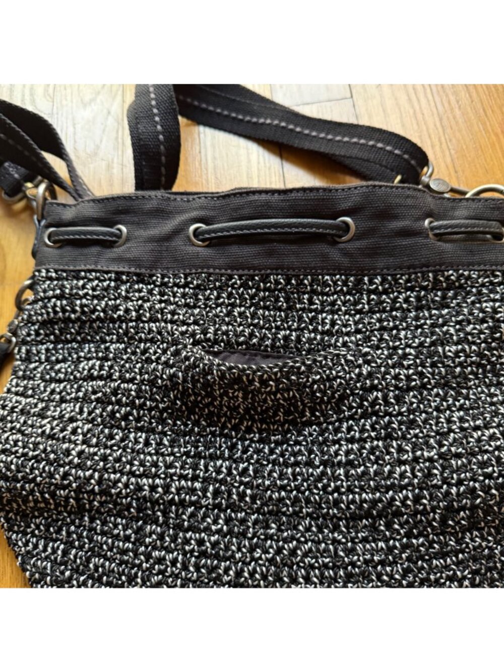 Crochet Boho The Sak 12"x10" Black & White Ukiah Crochet Drawstring Bucket Bag - Picture 11 of 15